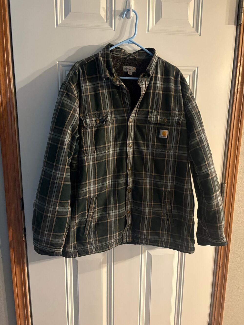 Carhartt 2XL Sherpa Lined Plaid Shirt Jacket Green Gray Snap Front Heavyweight